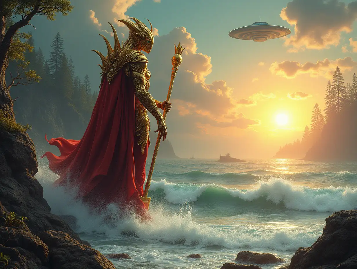 Hyperrealistic portrait of a 15 meter tall metal alien king, gold and red with an ax in the sea with waves on a rock with plants, on a detailed, colorful wooded planet with sun and UFO background