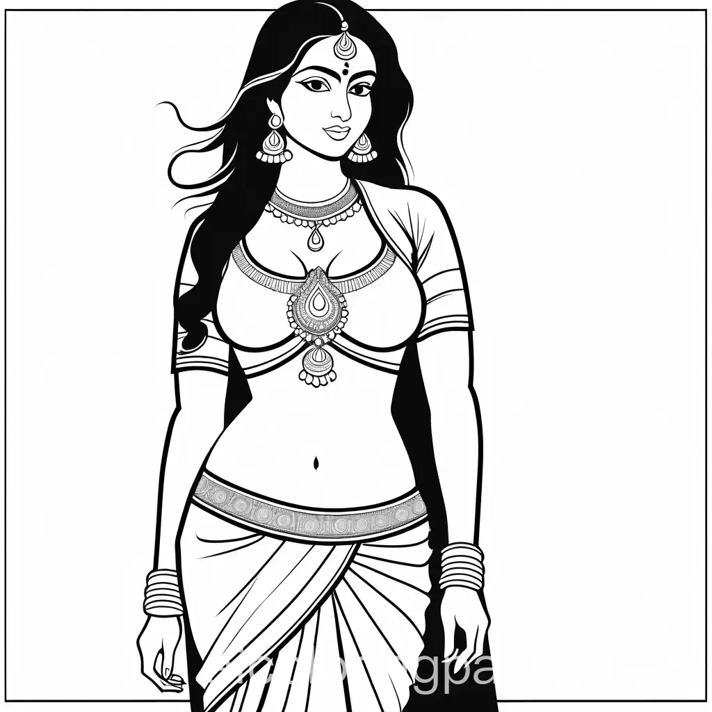 Hot indian Women young, full body, boobs, Coloring Page, black and white, line art, white background, Simplicity, Ample White Space. The background of the coloring page is plain white to make it easy for young children to color within the lines. The outlines of all the subjects are easy to distinguish, making it simple for kids to color without too much difficulty