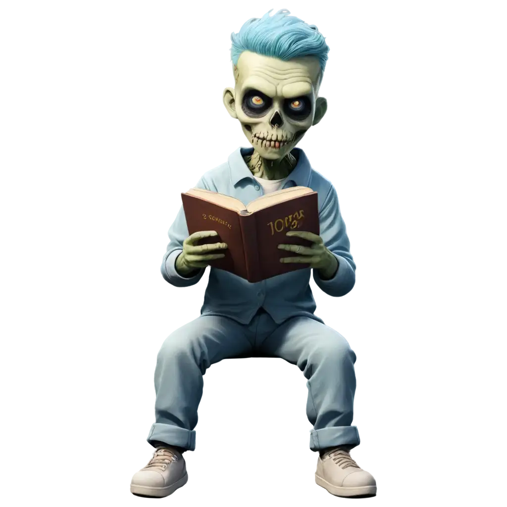 cartoon Zombie boy reading a book in his pajamas while sitting