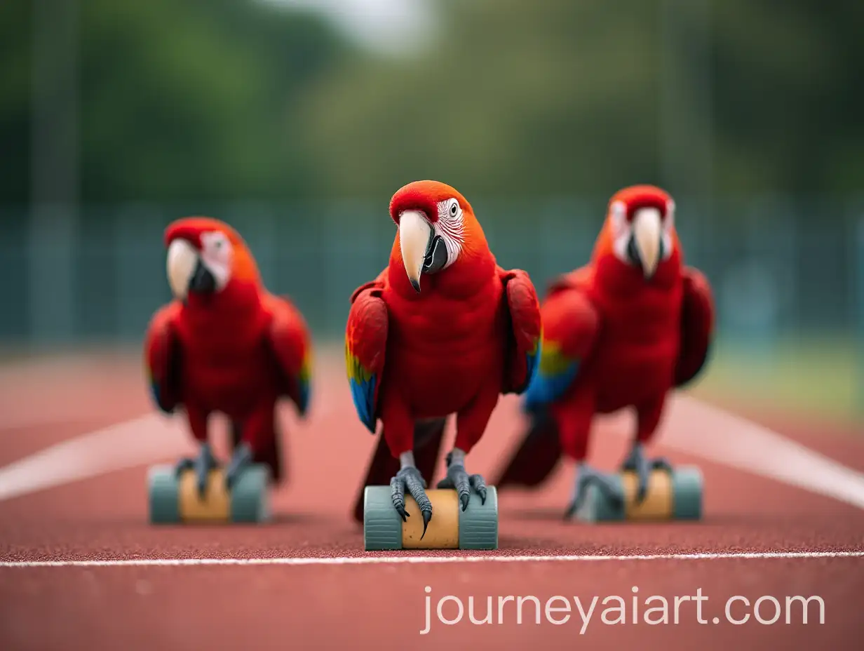 Three-Red-Macaws-Ready-to-Race-on-Athletics-Track