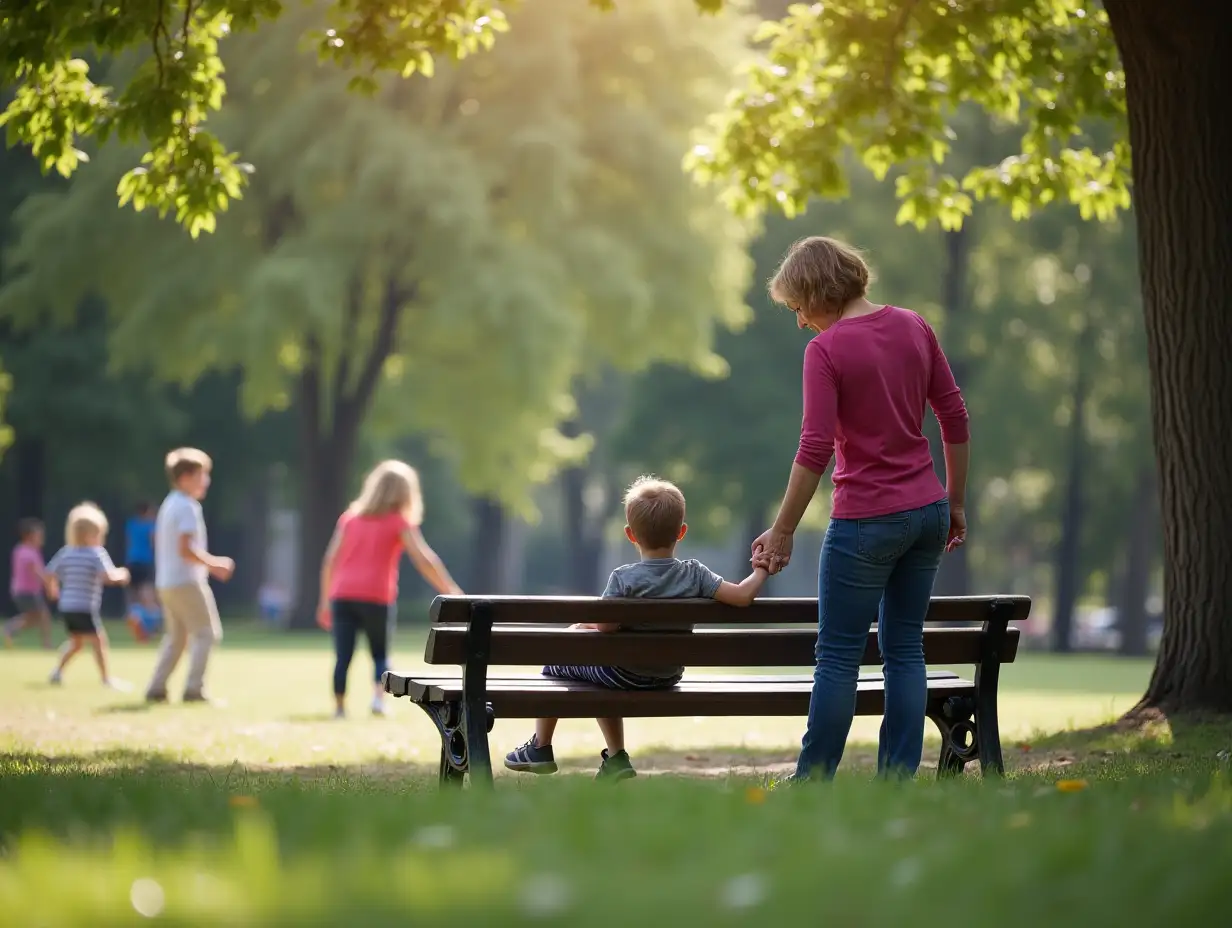 Challenges in Public Spaces: A park scene where a child (boy) is sitting alone on a bench while other children play nearby. The mother is standing close, shielding the child from curious onlookers.