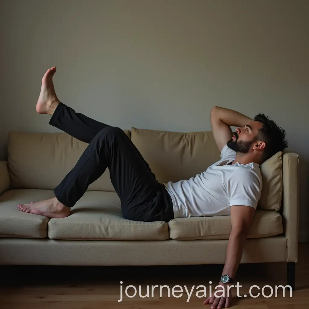 Man-Relaxing-on-Couch-with-One-Leg-Hanging-Off-Supporting-Head-with-Hand