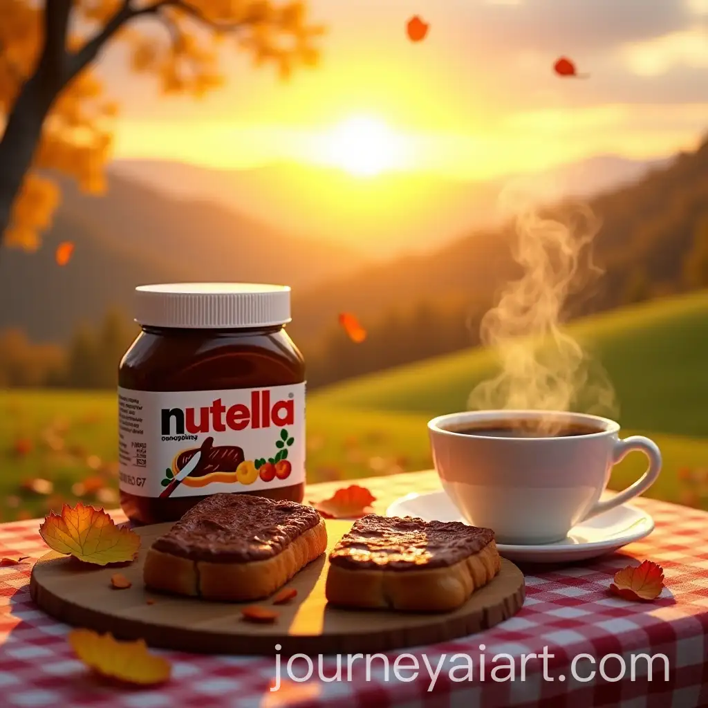 Nutella-Breakfast-on-a-Wooden-Table-with-Autumn-Sunrise-and-Lush-Hillside-Background