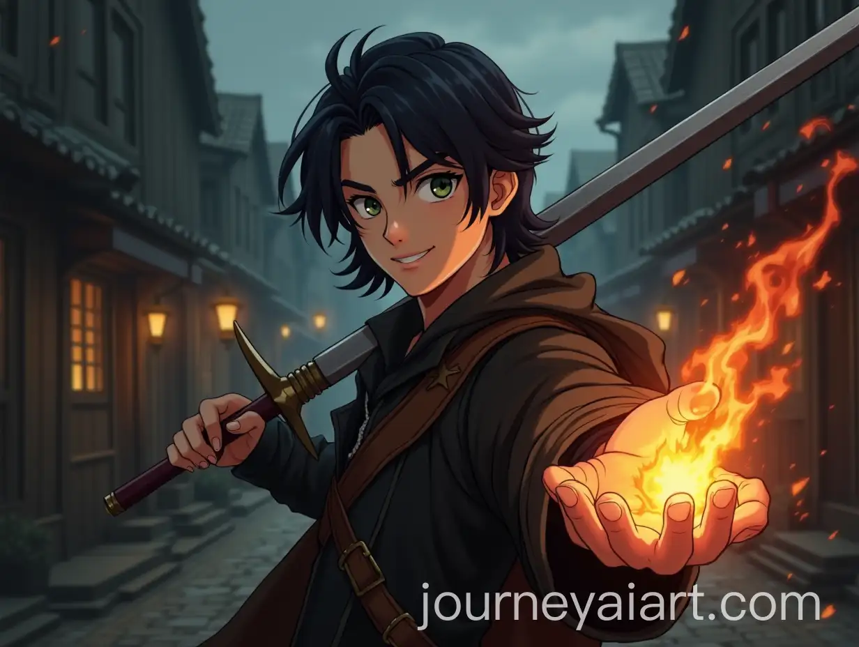 Fantasy-Swordsman-with-Fire-Magic-in-Medieval-Street