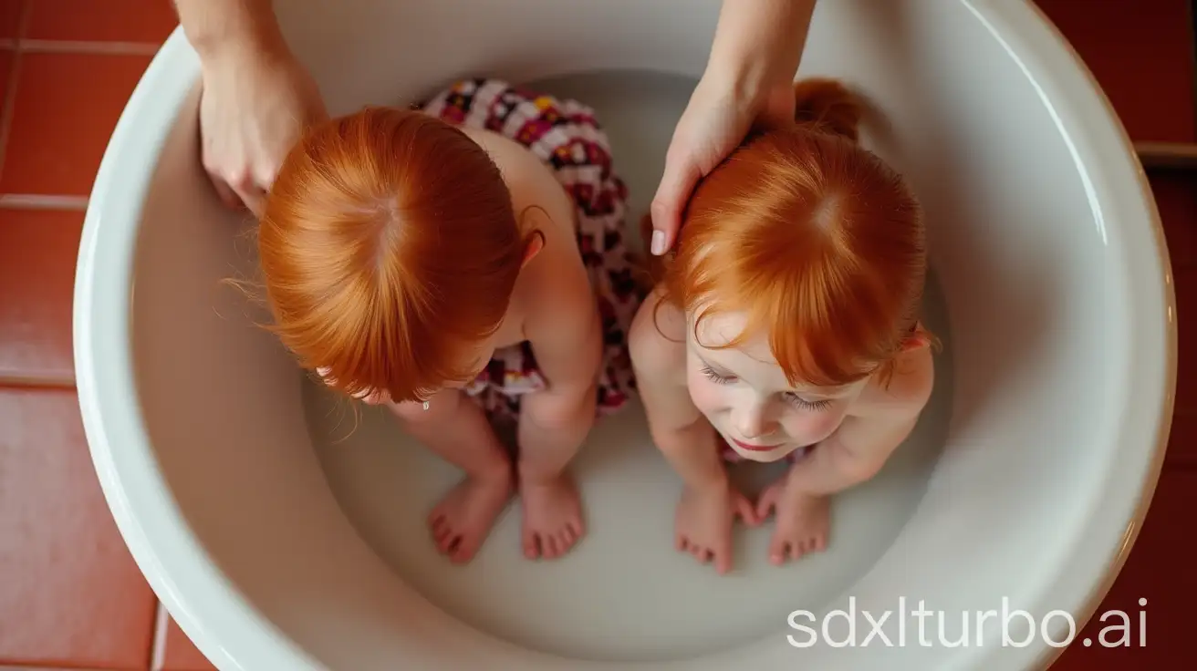 Two-Redhead-Daughters-Washing-Hair-in-Preschool-Bathtub-with-Mothers-Gentle-Guidance