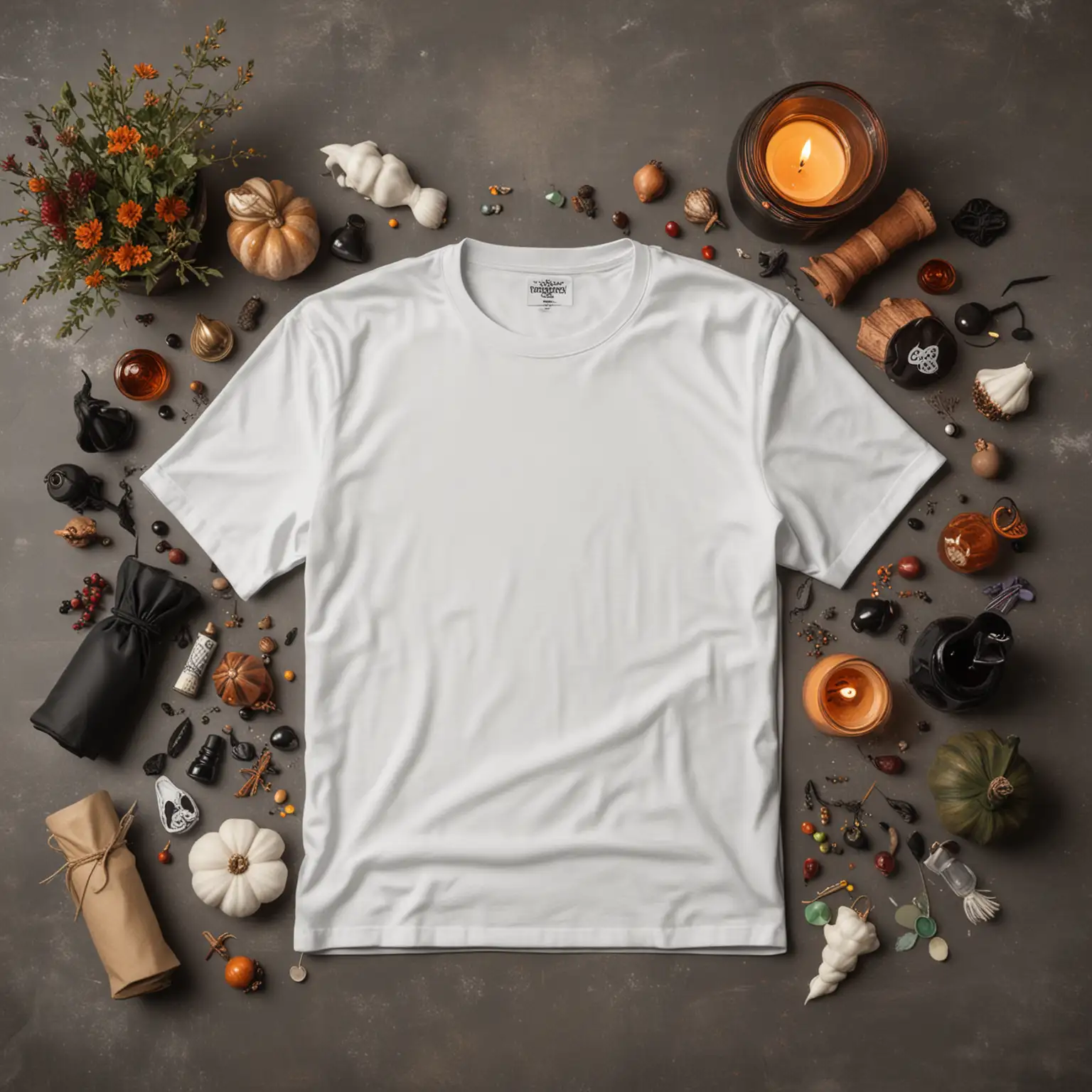 White Cotton Crew Shirt Surrounded by Witch Potions Decor