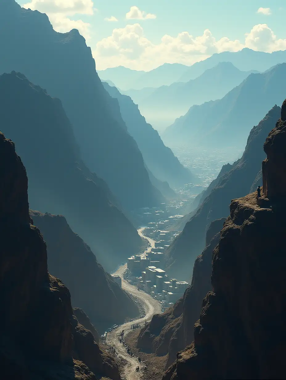 Create an image of a mountainous city divided into two worlds: on the mountain peaks, the upper neighborhoods filled with solar energy and advanced technology. In the background, the lower neighborhoods, dark and dusty, with people working in the shadows, lacking access to energy. The atmosphere should reflect a stark contrast between the two worlds.