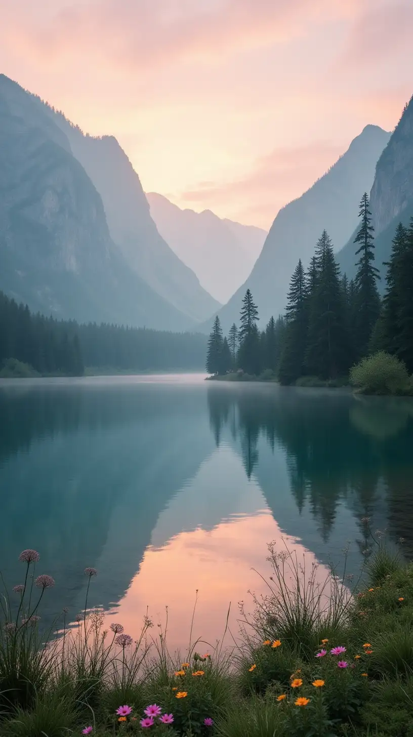 Tranquil Mountain Lake with Mist and Vibrant Sunset Sky