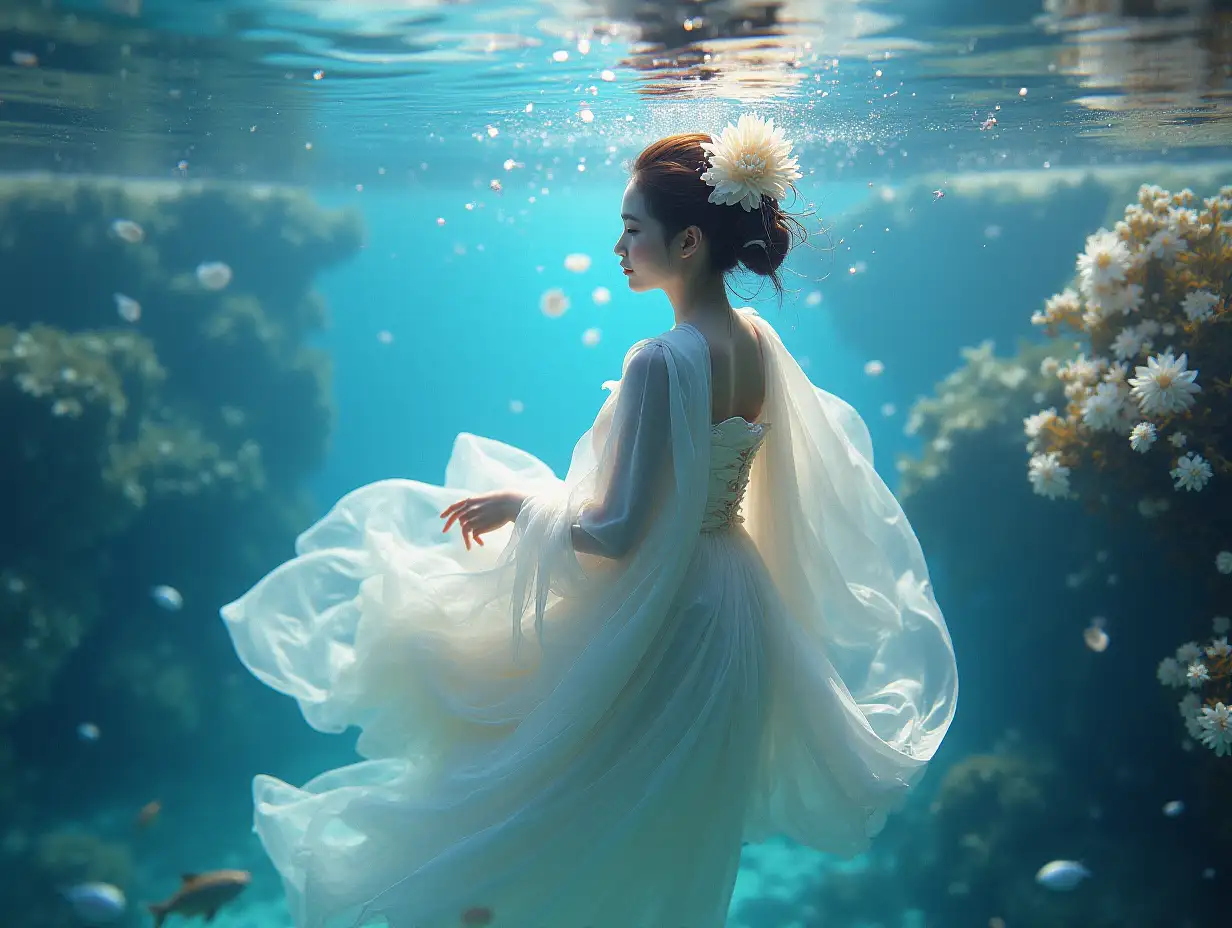 dreamlike :: Fractal neon holofluid data moshed Majestic  Geisha swimming underwater :: fish, flowing, reflection, ethereal white flowers, :: soft pastel assent colors ::