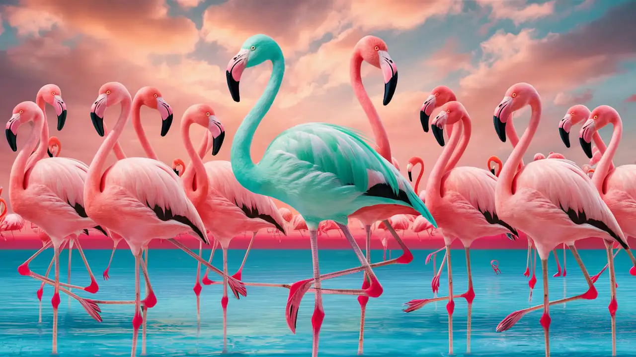 Sky Blue Flamingo Among Regular Flamingos