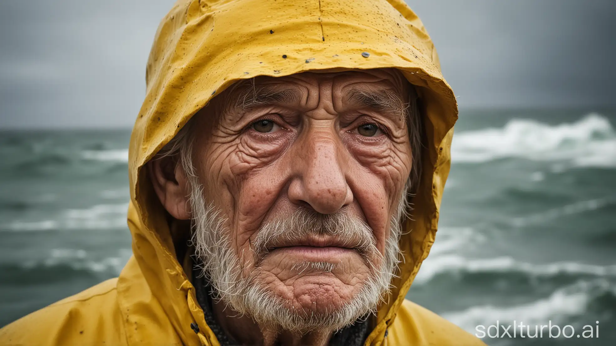 A close-up portrait of a weathered elderly fisherman with deep wrinkles, wearing a yellow raincoat and knit cap, against a stormy sea background.