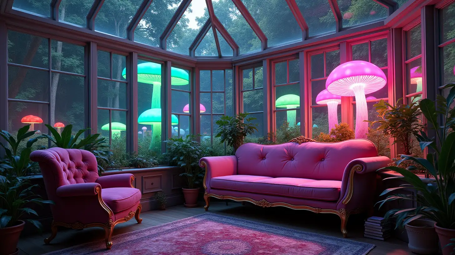 Inside a Conservatory room with a pink velvet couch and end table with books. Bright Fairy lights windows showing a magical forest of pink-white-green. Daytime Glowing-luminescent-towering neon-green and purple Mushrooms outside.