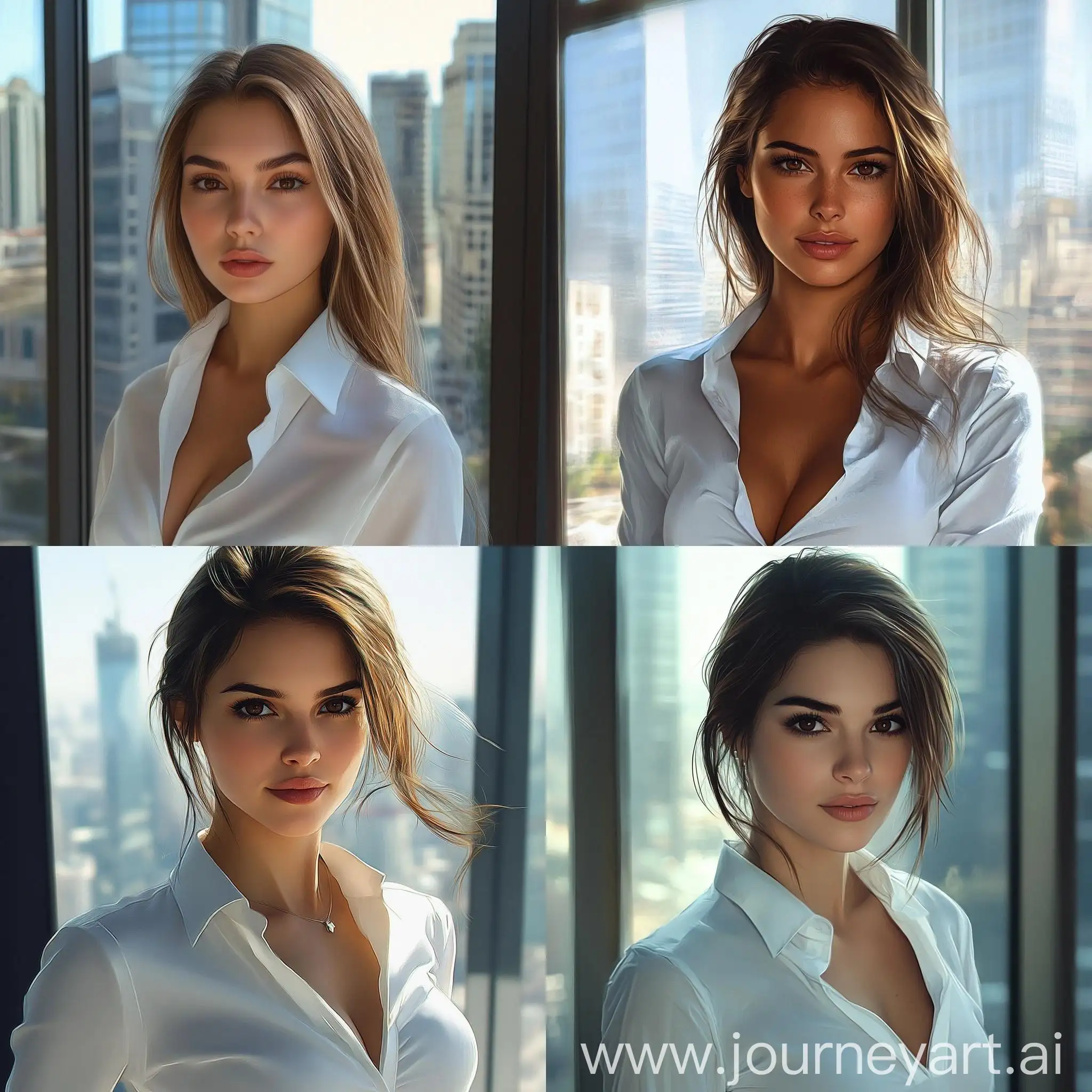 Portrait-of-South-Slavic-Model-with-Brown-Eyes-and-Dark-Blond-Hair-in-White-Shirt-by-Skyscraper-Window