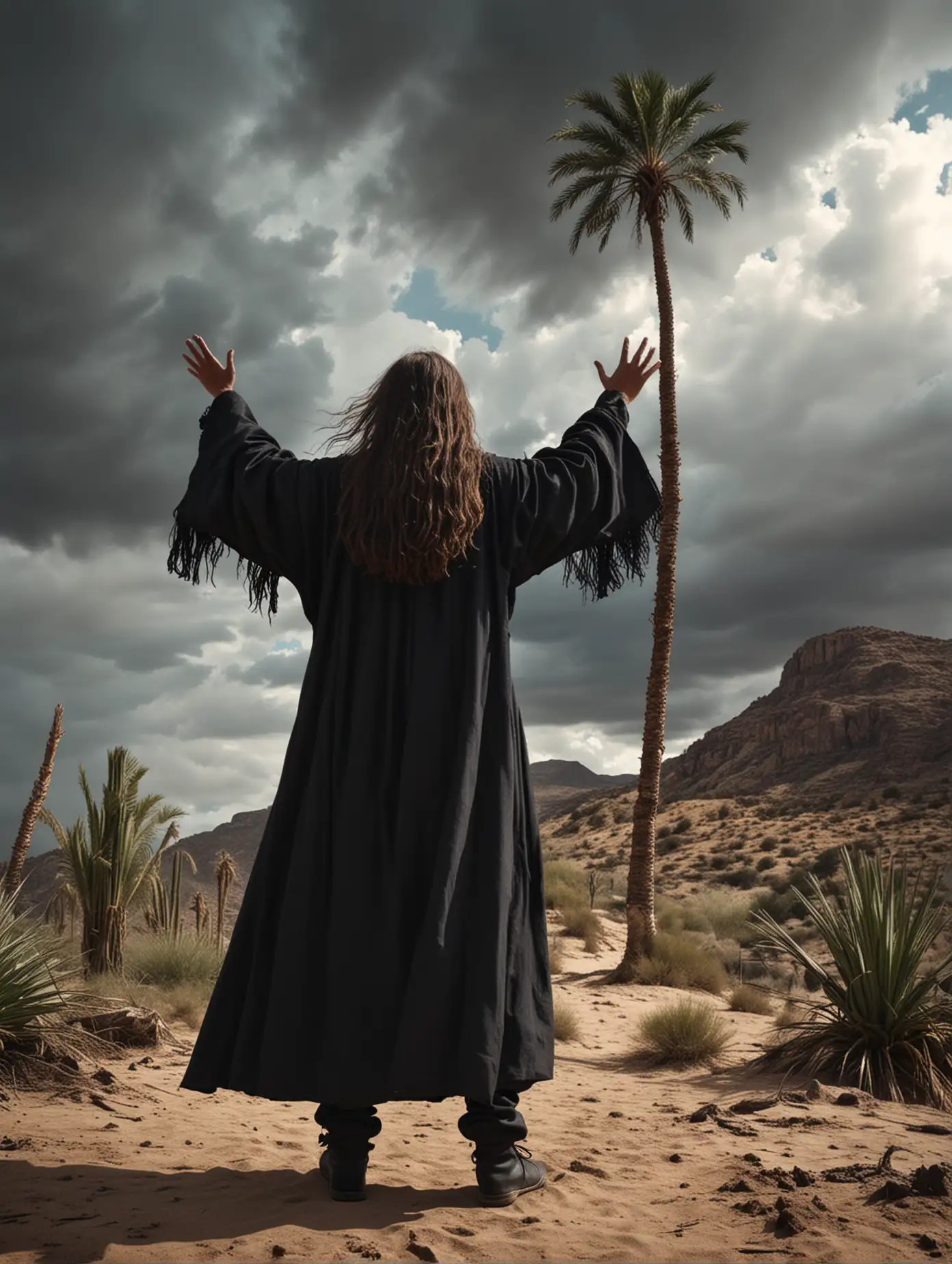 A long-haired black-robed medieval youth stands in the desert with arms raised. Back view. On one side is a big high hill.  The sky is covered with dark clouds. palm tree