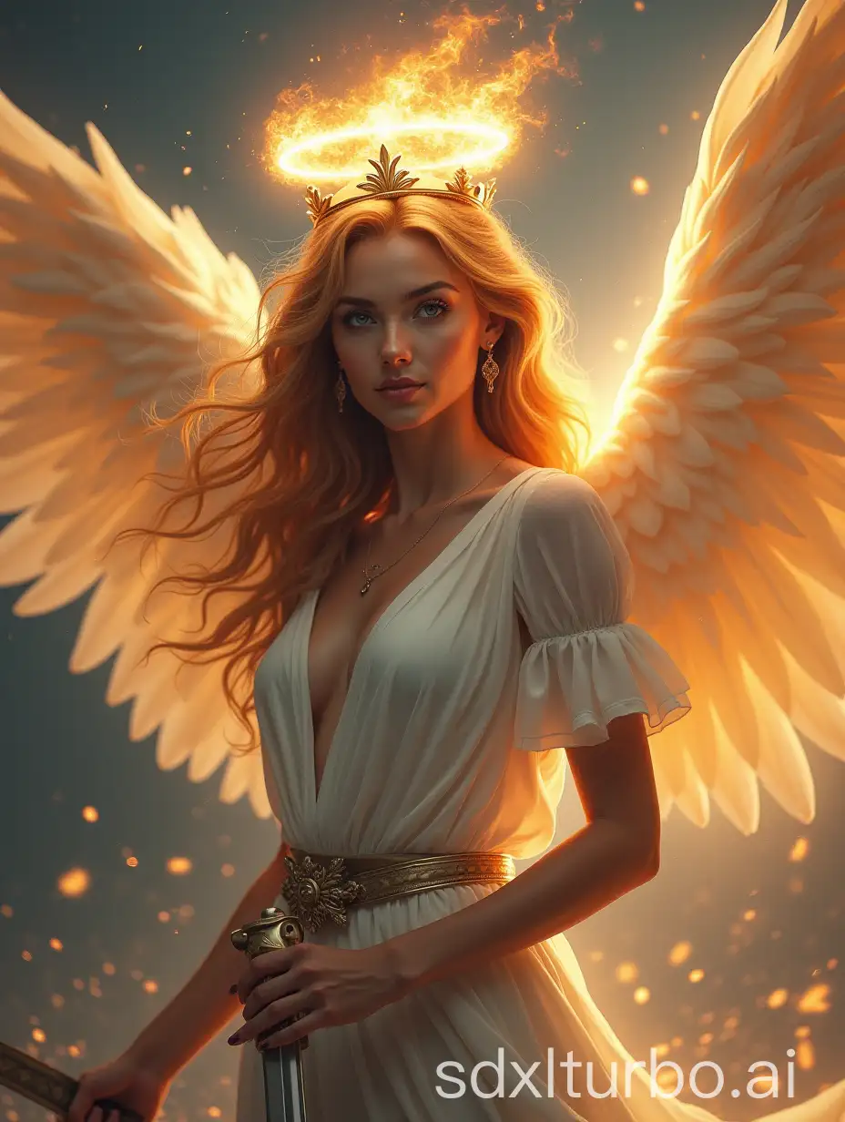 a beautiful woman with angelic features, with a crown of holy-fire floating over her head,  glowing silver eyes, angelic wings on her back, carries a two-handed sword, full body shot