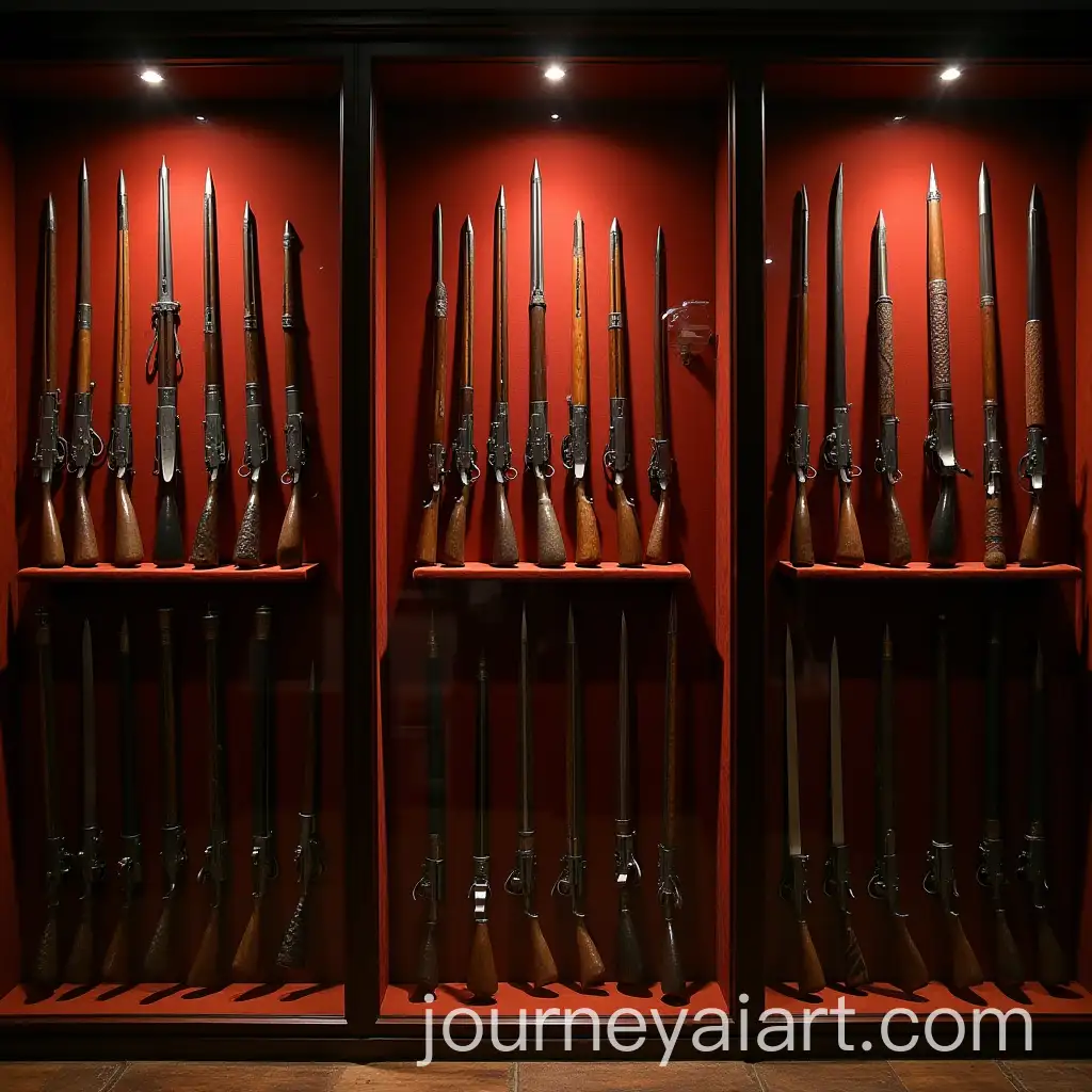 Showcase-of-Firearms-and-Traditional-Indian-Swords-on-Velvet-Shelves