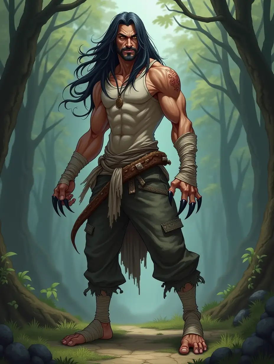 Fantasy setting, anime, wild man, strong man, claws on hands and feet, beastly features, black long straight hair, yellow eyes, slit pupils, bandages on arms and legs, barefoot, rough clothes of rags and skins, baggy pants, athletic build, slim body, t-shirt, animal skin tied at waist, dynamic pose, forest background