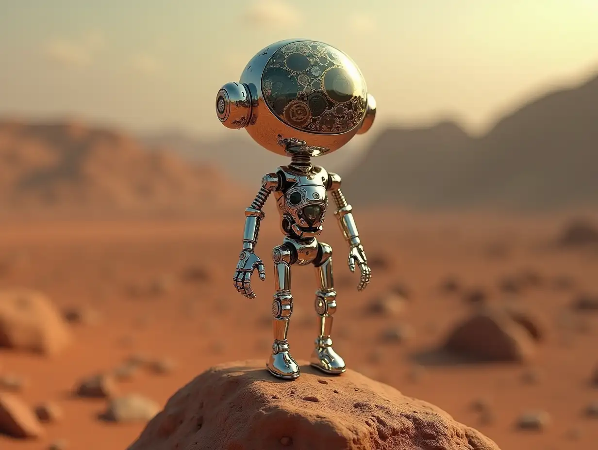 Create a high-resolution, realistic image of the two-meter tall artificial intelligence Robert with arms and legs, gears on the cheeks and a glass head with visible platinum gold brain, screws with many gears, Mars on a rock in 4k resolution.