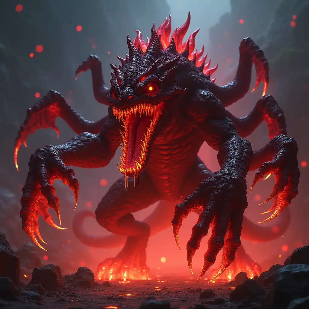 user_prompt: ts eyes are glowing rubies that ominously sparkle, emitting intense heat. Cracks run through its body, occasionally dripping molten lava that melts everything it touches. This monster has six powerful arms, each ending in razor-sharp, obsidian-like claws capable of slicing through rock and metal. Its head is dragon-shaped, with a maw filled with glowing, fiery teeth.