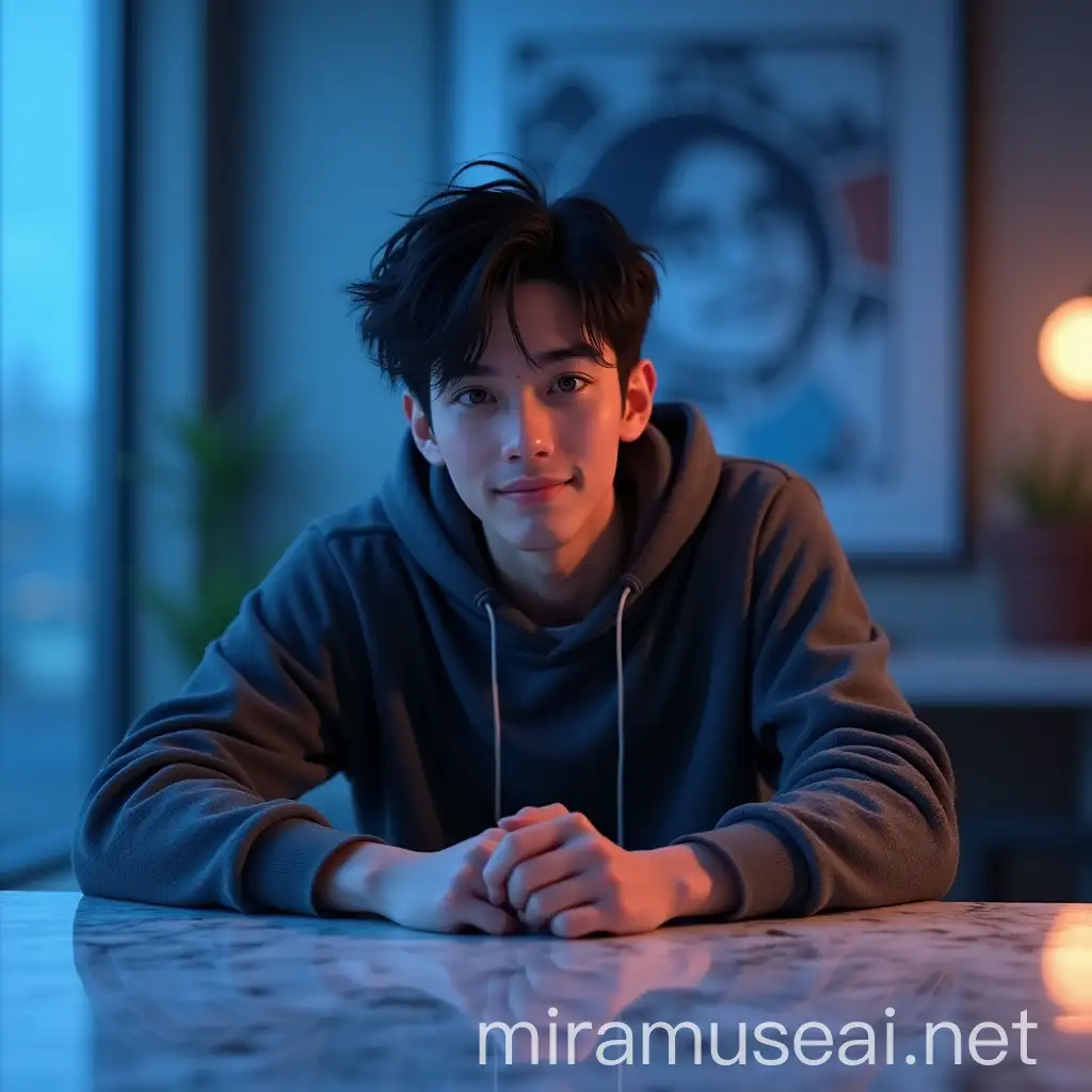 Young Man in Dark Grey Hoodie at Modern Marble Desk Cinematic Pixar Style