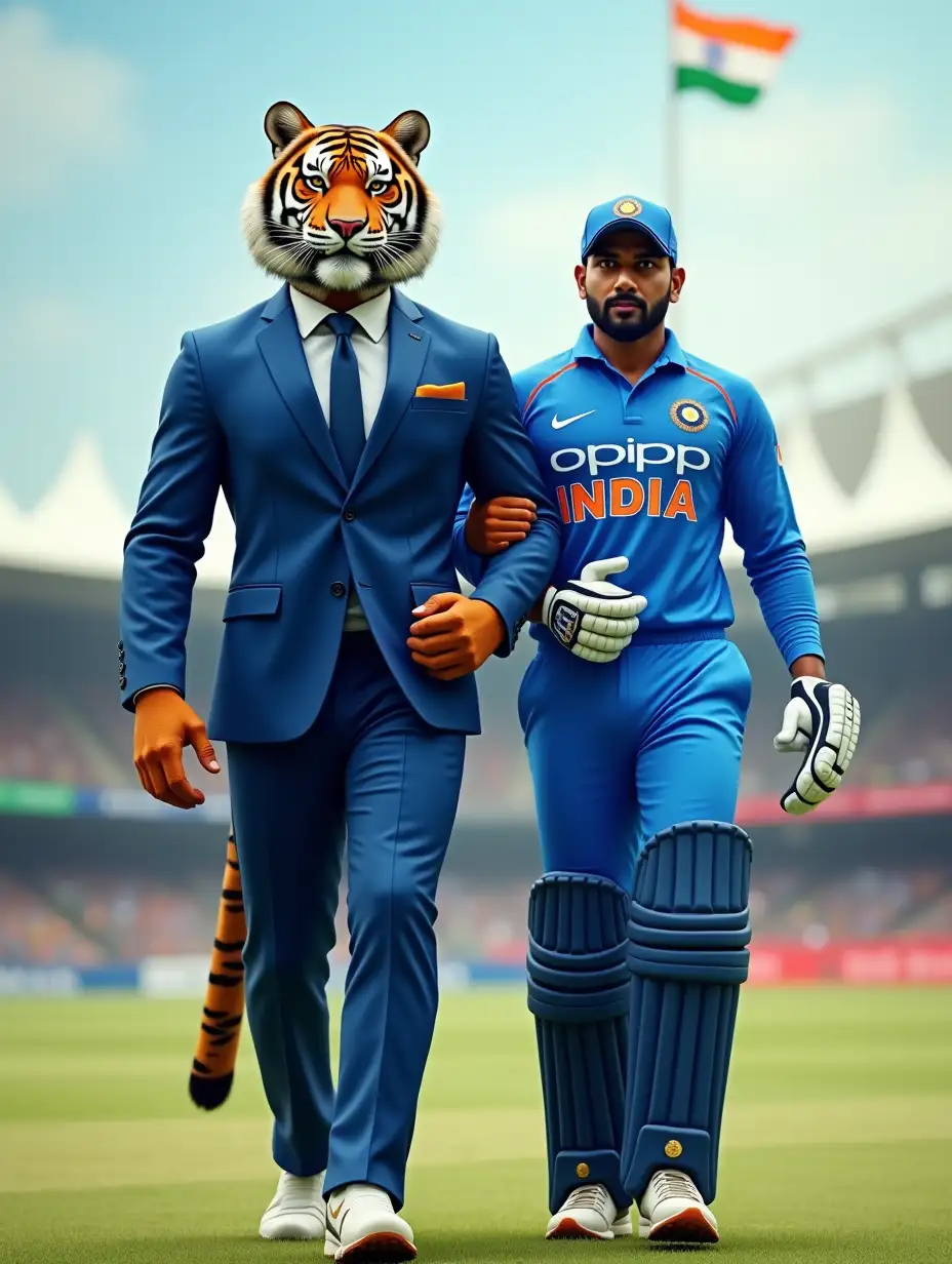 A powerful humanoid Bengal tiger warrior wearing a formal blue suit in India's national color, walking side by side with an Indian cricket player. The warrior has a muscular bodybuilder physique, sharp tiger features, and a confident posture. The Indian player, dressed in a blue cricket uniform, walks alongside the tiger, both moving forward with matching strides. The background is grand and patriotic, symbolizing India's pride—such as a cricket stadium or a cityscape with the Indian flag. The scene is in 4K HD, front-view composition, with proper proportions and realistic lighting. The player's face should be clear, and the tiger warrior should wear proper shoes.