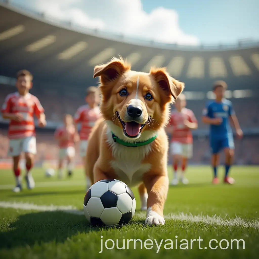Dog-Playing-Soccer-with-Football-Players-and-MVP-Trophy-on-Field