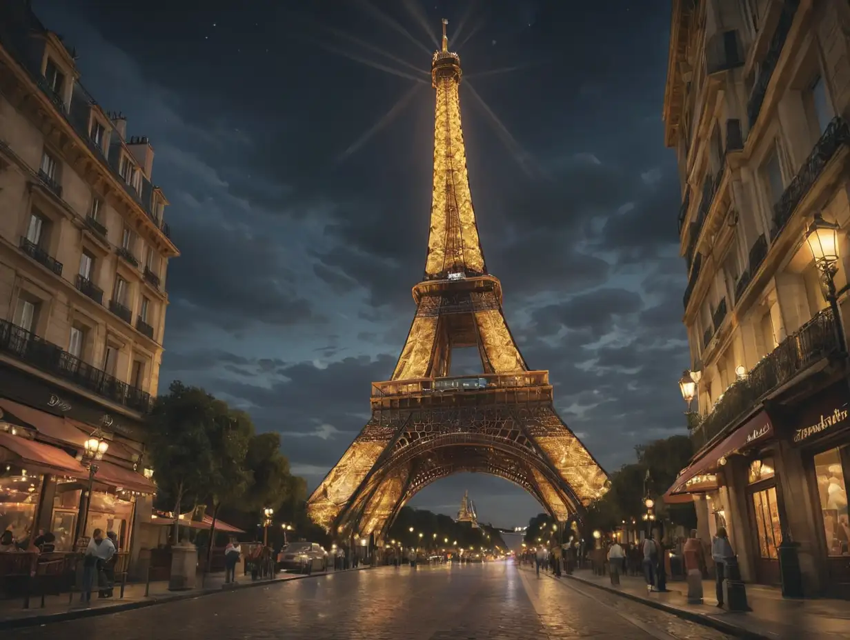 Wide-angle view of the Eiffel Tower at night, with beautiful lighting , 3d disney inspire