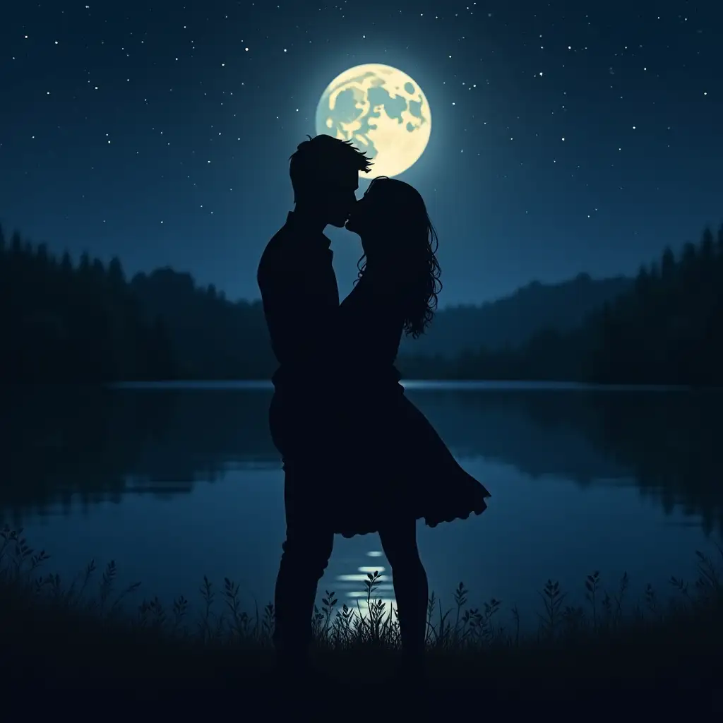 Couple, kiss, night, emotional, lake, moon, cool