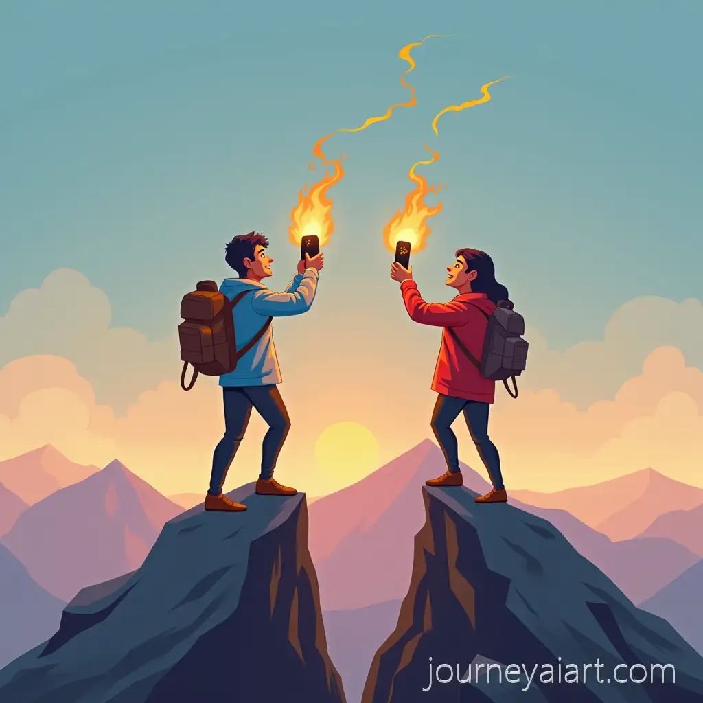 Cartoon-of-People-Helping-Friends-Climb-Mountain-Holding-Burning-Phones
