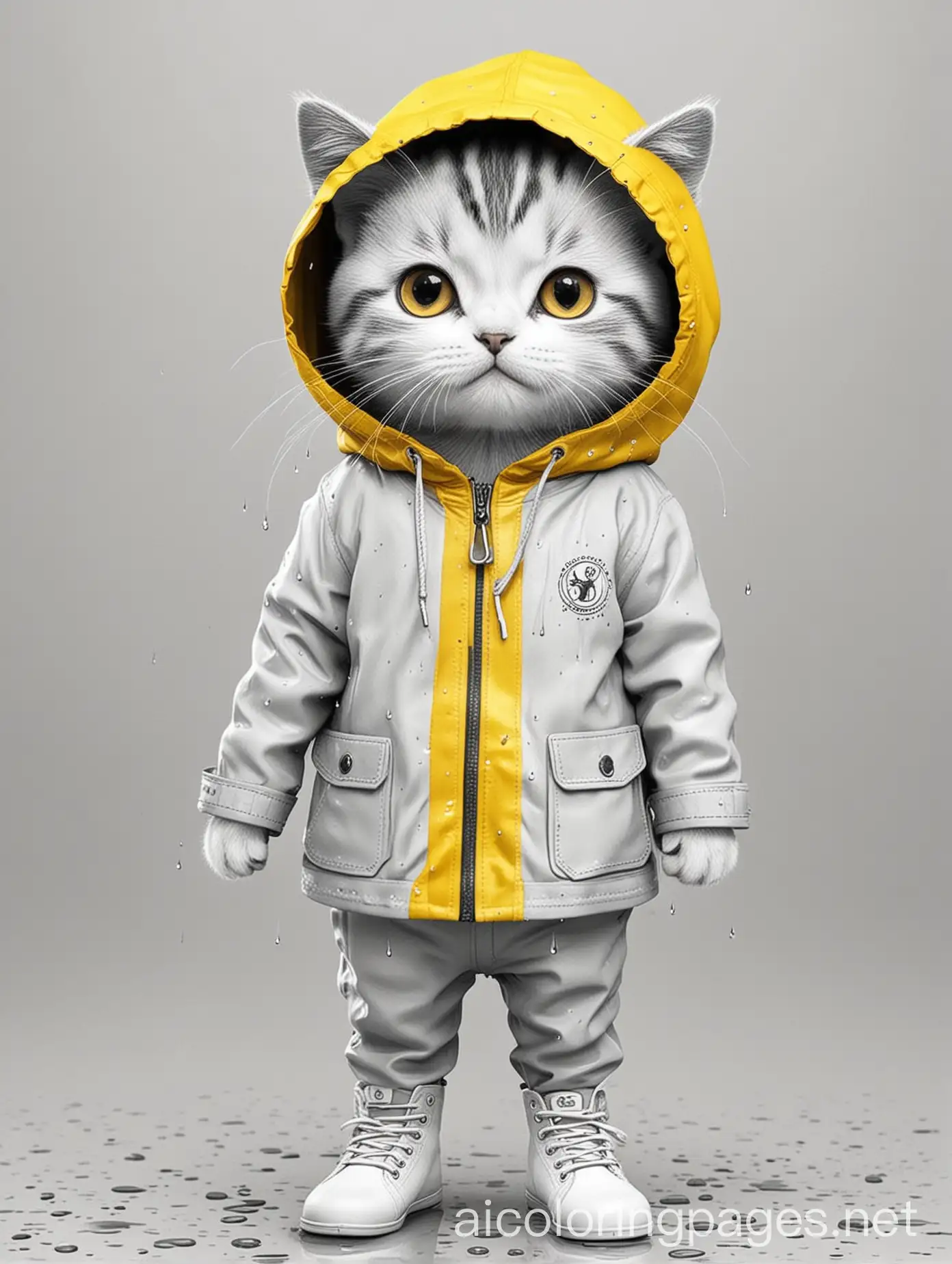 Small-Cat-in-Yellow-Rain-Jacket-Coloring-Page