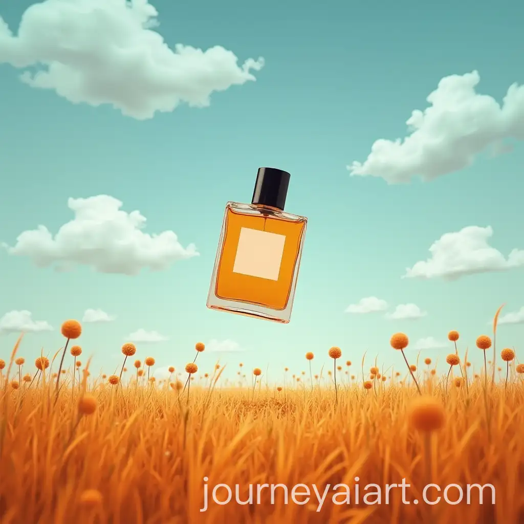 Floating-Perfume-Bottle-in-Sky-Landing-on-Orange-Meadow