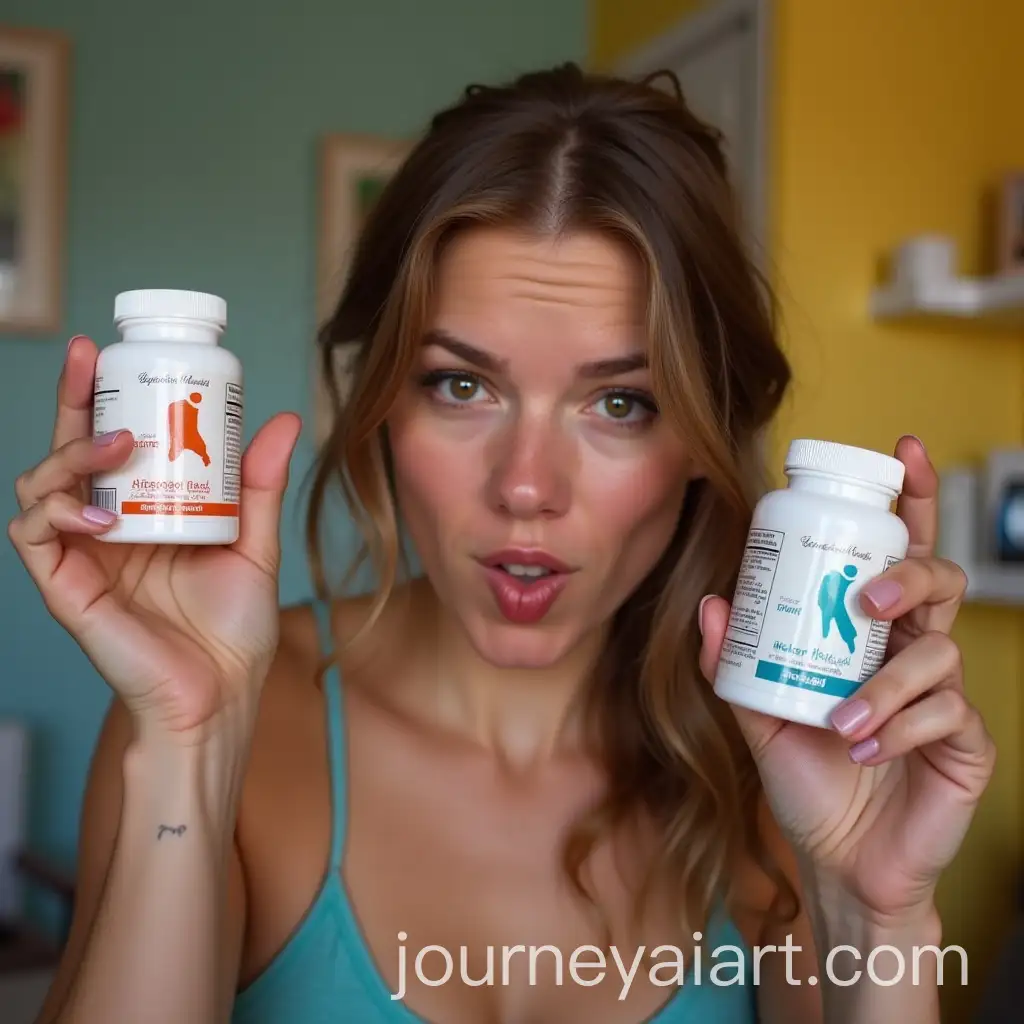 Person-Making-Funny-Gesture-with-Supplement-Bottles-in-Colorful-Room