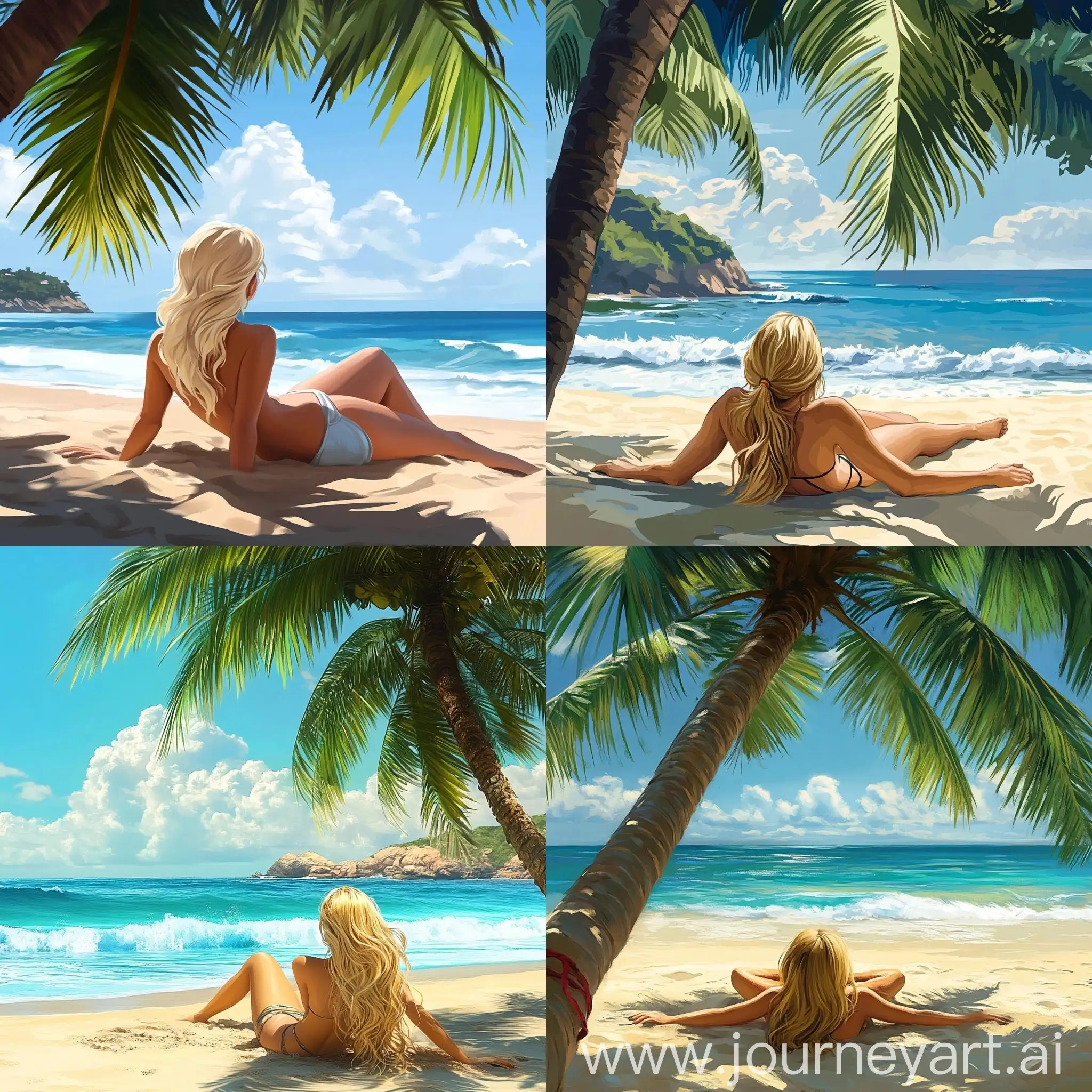 Blonde-Woman-Relaxing-on-Beach-Under-Palm-Tree-in-Cartoon-Style