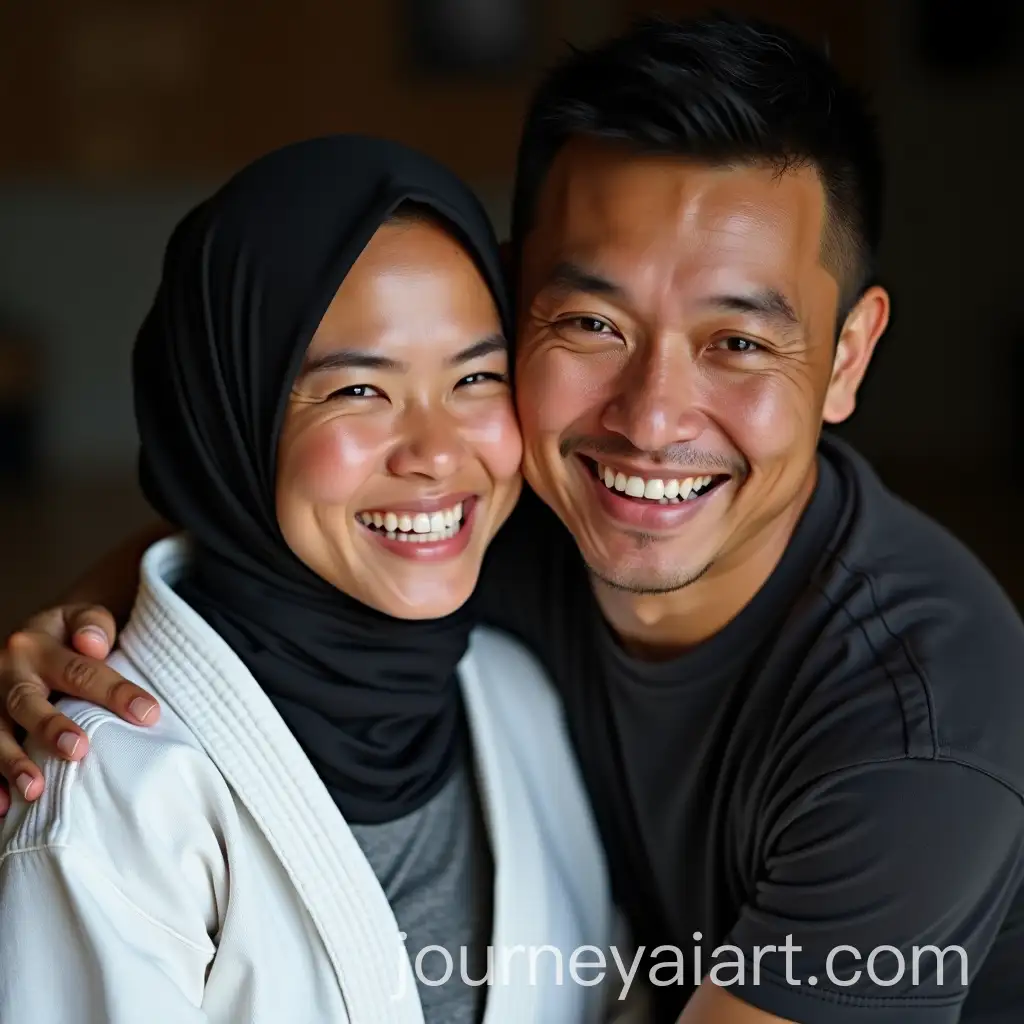 Joyful-Indonesian-Woman-Smiling-After-Judo-Sparring-with-Husband-in-Home-Dojo