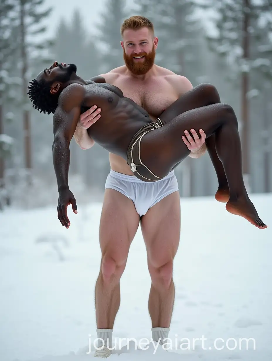 GingerBearded-Man-Lifting-Larger-Unconscious-Black-Man-in-Snowy-Landscape
