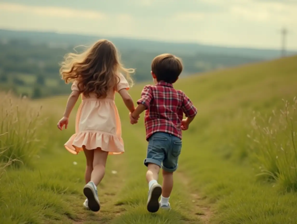 Children-Running-Up-a-Grassy-Hill-Holding-Hands-in-Casual-Summer-Outfits