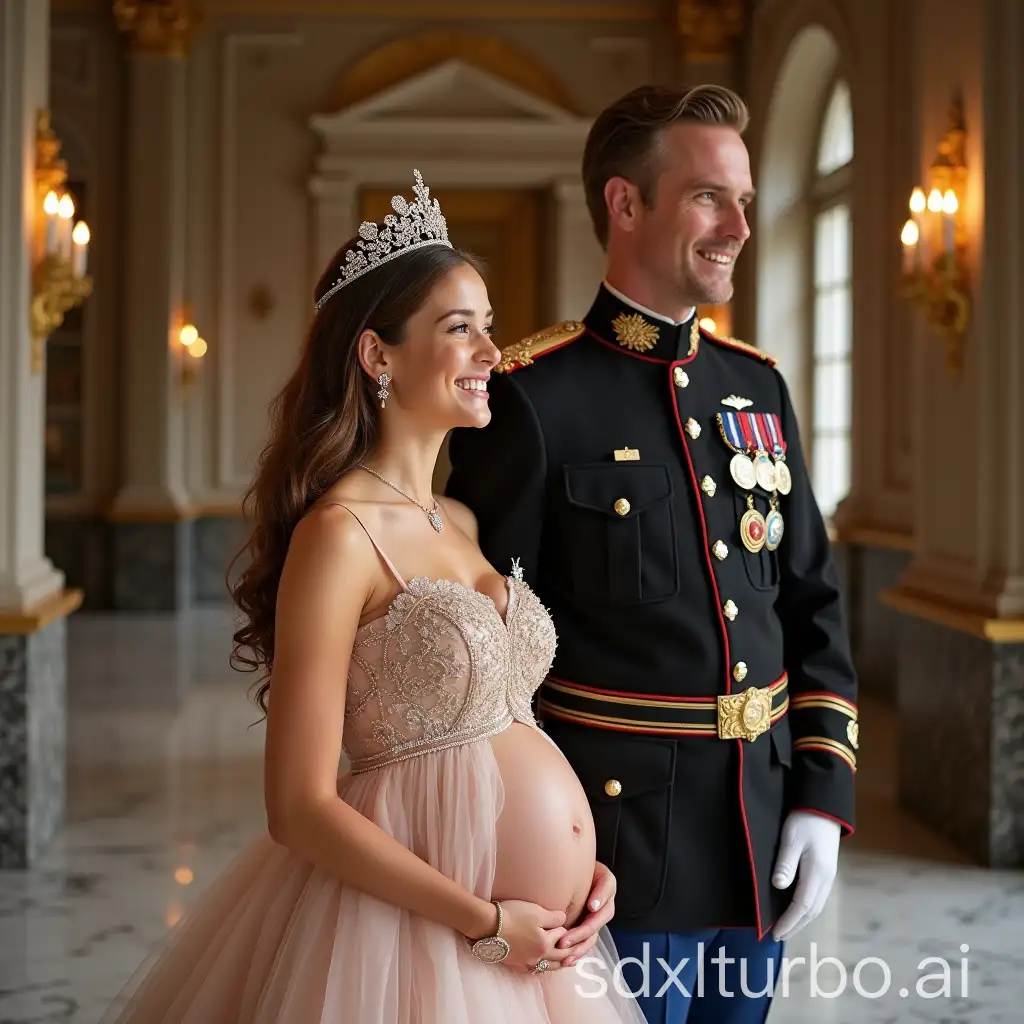 Pregnant-Young-Royal-in-Opulent-Marble-Hall-with-Military-Husband