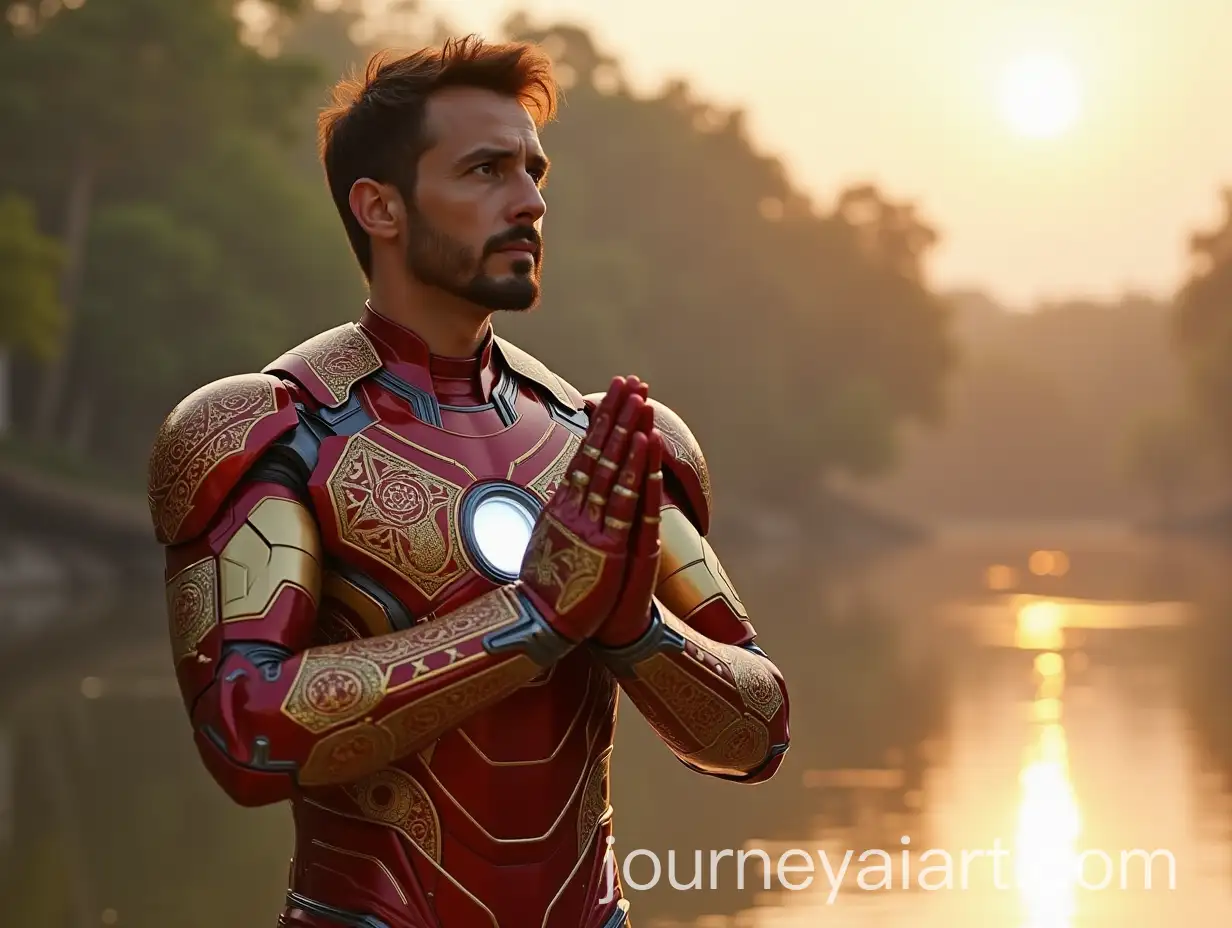 Tony-Stark-in-IndianInspired-Armor-with-Sacred-Arc-Reactor-and-Namaste-Pose-by-the-River