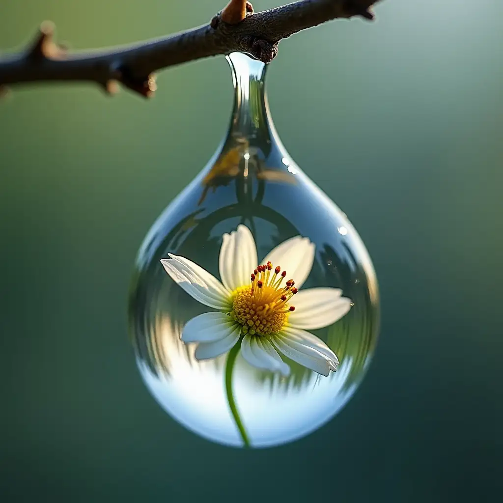 A single drop of water perfectly encapsulates a flower. The subject is fully visible inside the drop, with the liquid surface reflecting light and emphasizing its delicate, detailed form. The drop hangs in focus, while the background remains softly blurred, making the encapsulated flower the center of attention.