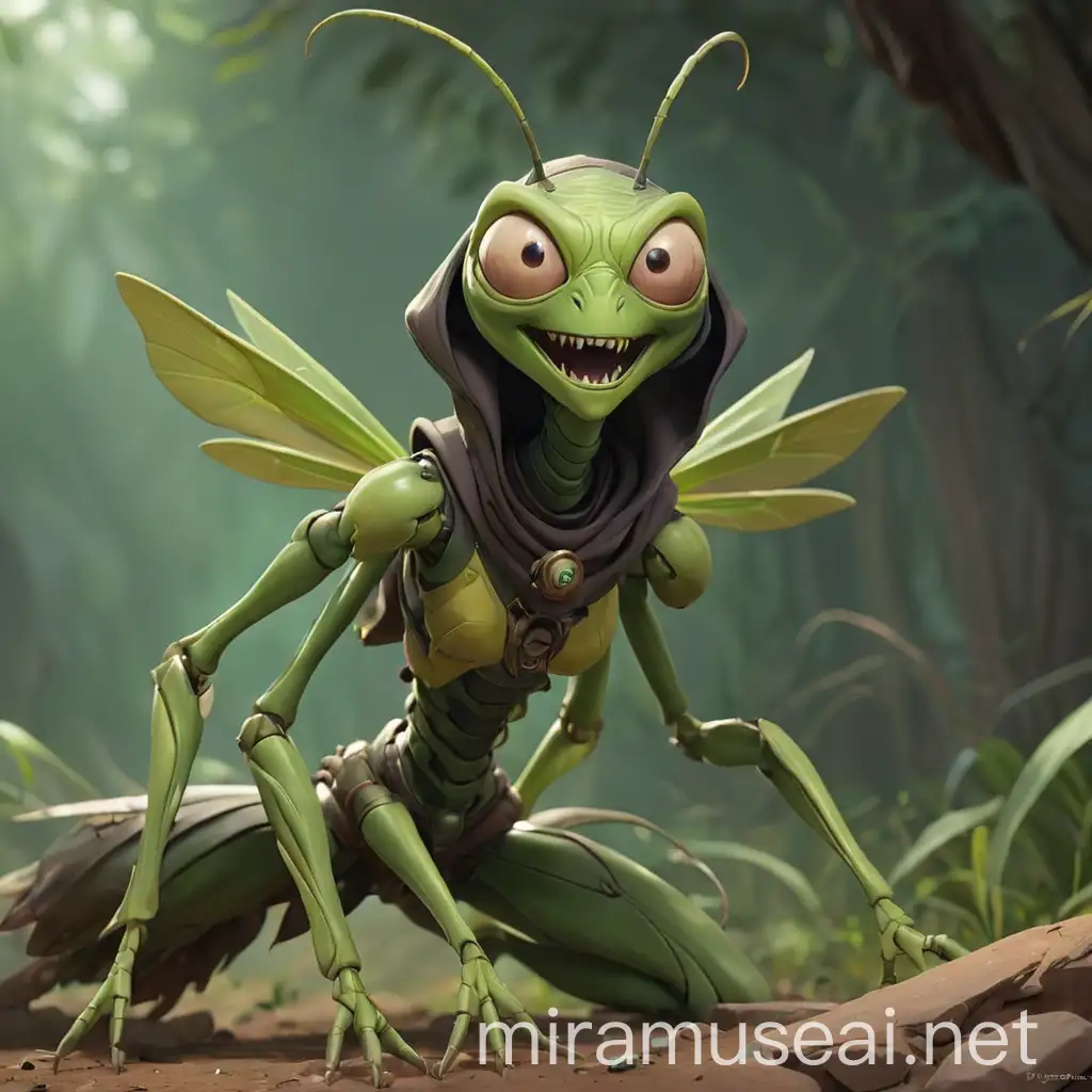 Charming Female Praying Mantis Warlock in Pixar Style