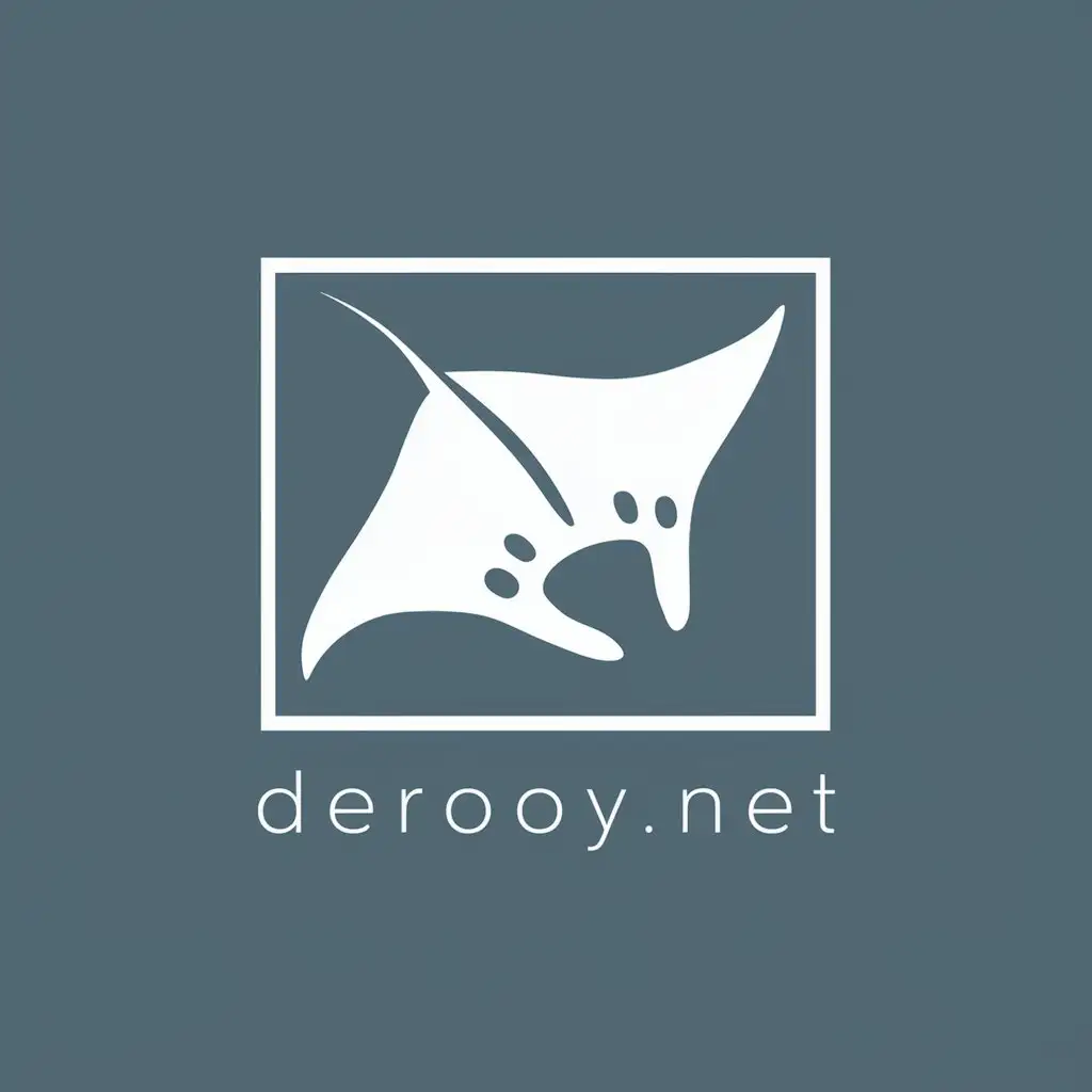 Minimalist logo design featuring a stylized white manta ray with the iconic two cephalic lobes and one tail, inside a white square frame. The background is a solid blue color. Below the logo, the text 'derooy.net' is centered and written in a clean, sans-serif font in white. The overall layout is simple and balanced, emphasizing the minimalistic aesthetic.