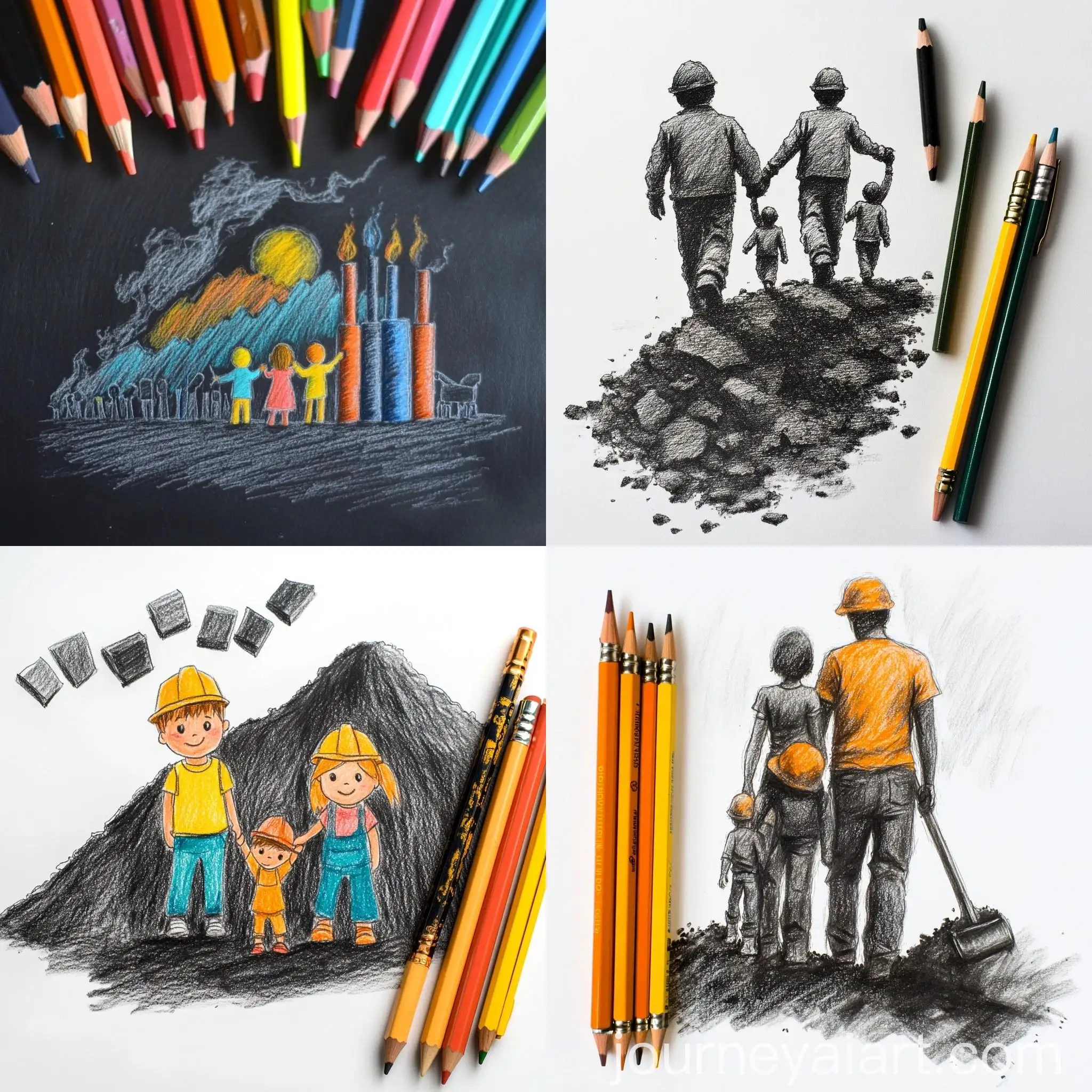 Childs-Drawing-of-Family-in-a-Coal-Mine-Bright-Guash-and-Pencils