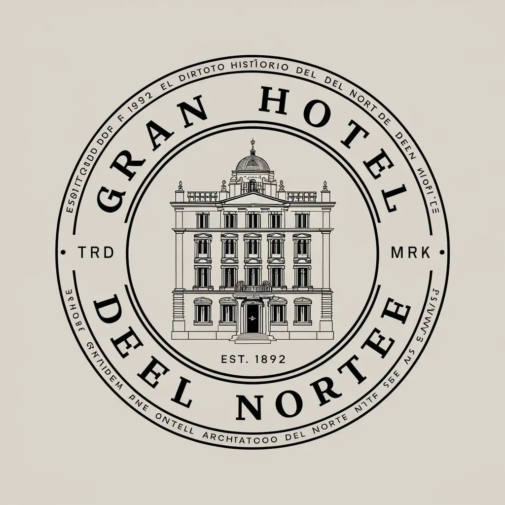 a vector logo design,with the text "Gran Hotel del Norte", main symbol:A vintage style logo for a hotel named "Gran Hotel del Norte". The logo features an elegant, old building in the center with intricate architectural details, including multiple windows and a small dome on top. Surrounding the building is a circular border with the text "Gran Hotel del Norte" prominently displayed. Additional text within the border includes "Est. 1892" at the bottom center, "TRD MRK" on either side of the building, and "Establecido en 1892 por el Distrito Histórico del Norte de España" written along the outer edge of the circle. The design should have an antique and classic feel with simple, clean lines, reminiscent of traditional emblems and seals, reflecting the historic and luxurious nature of the hotel.,Moderate,be used in Travel industry,clear background