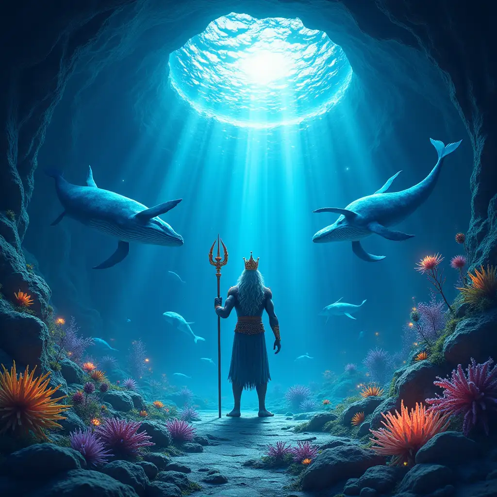 A magical very bright underwater cave with bright glowing colorful plants, whales swimming in a circle around a sparkling vortex of blue, white, and aqua water. In the middle stands a very large friendly king Neptune holding a trident