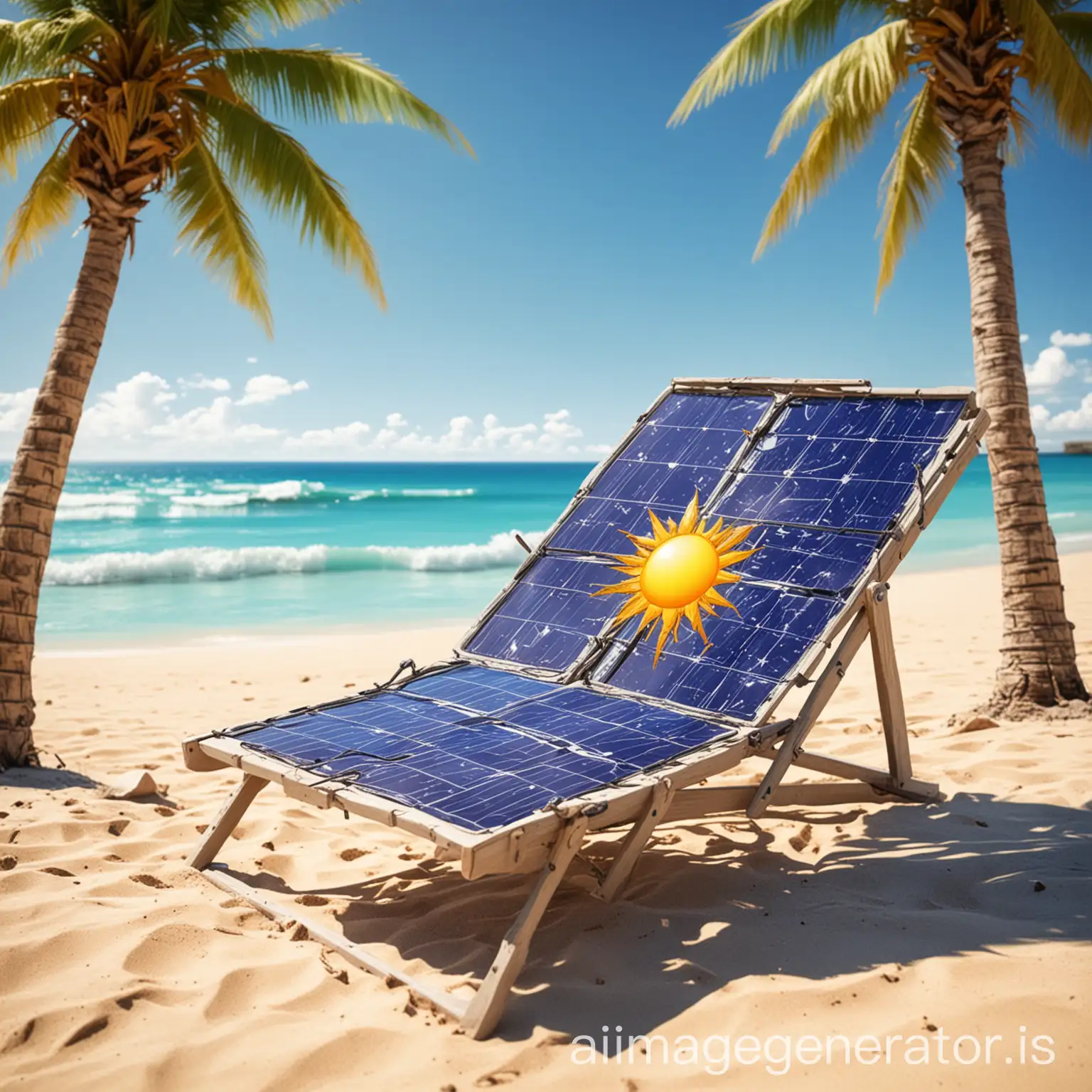 Illustrate a cartoon of a solar panel lying on a beach chair, wearing sunglasses, and sunbathing. The background should include a sunny beach with palm trees and a bright blue sky.