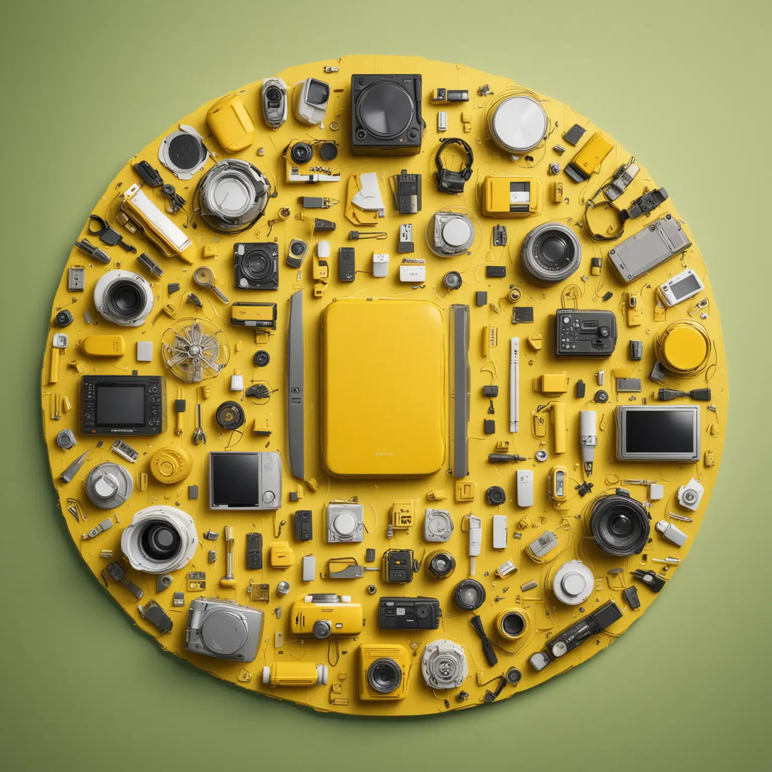 Circular-Arrangement-of-Gadgets-Phone-Accessories-and-Home-Appliances-on-Bright-Yellow-Background