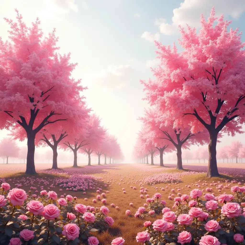 A wide landscape with pink trees and roses on the ground