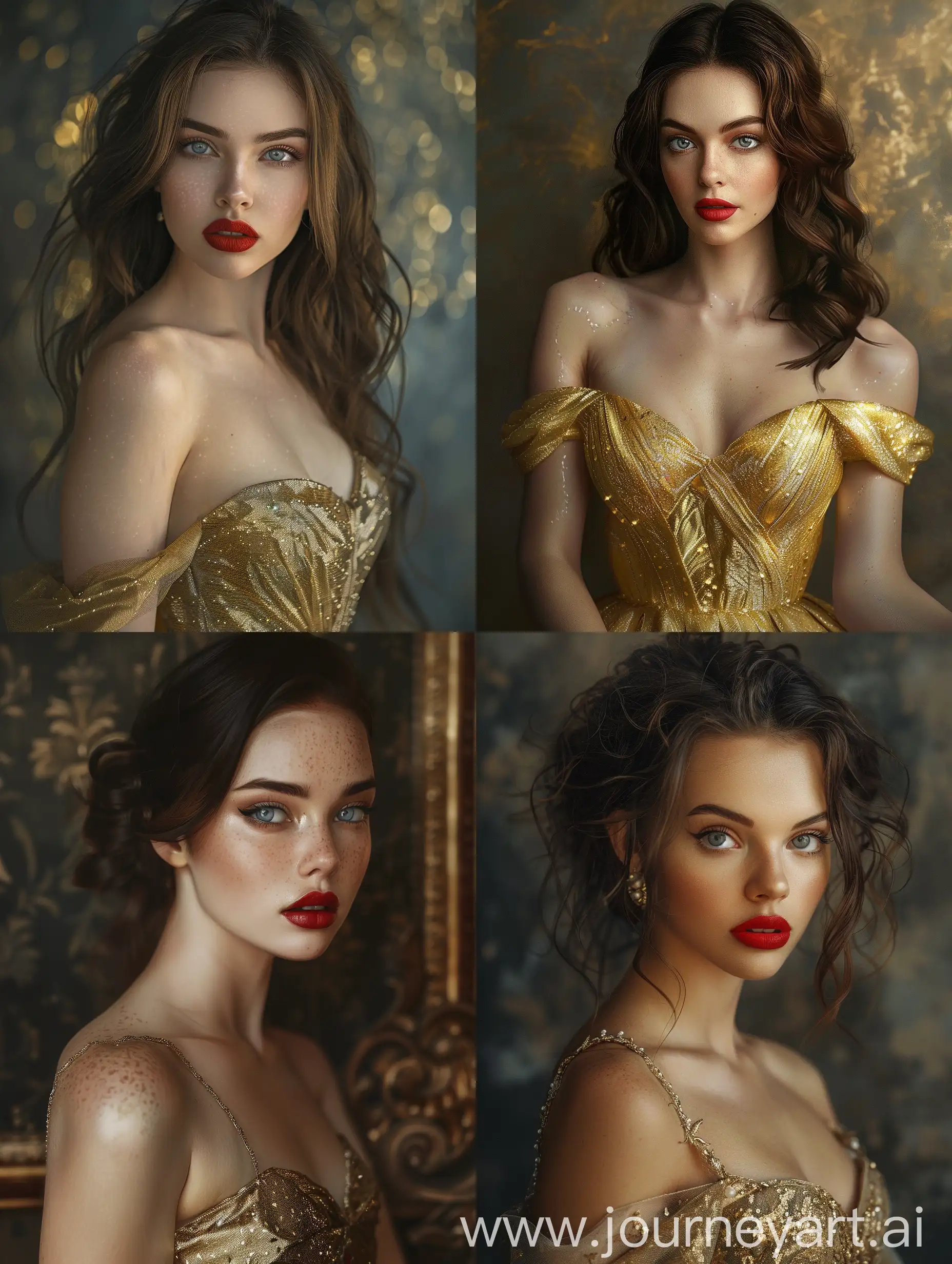 Portrait-of-a-Girl-in-a-Gold-Dress-with-Red-Lips-and-Blue-Eyes