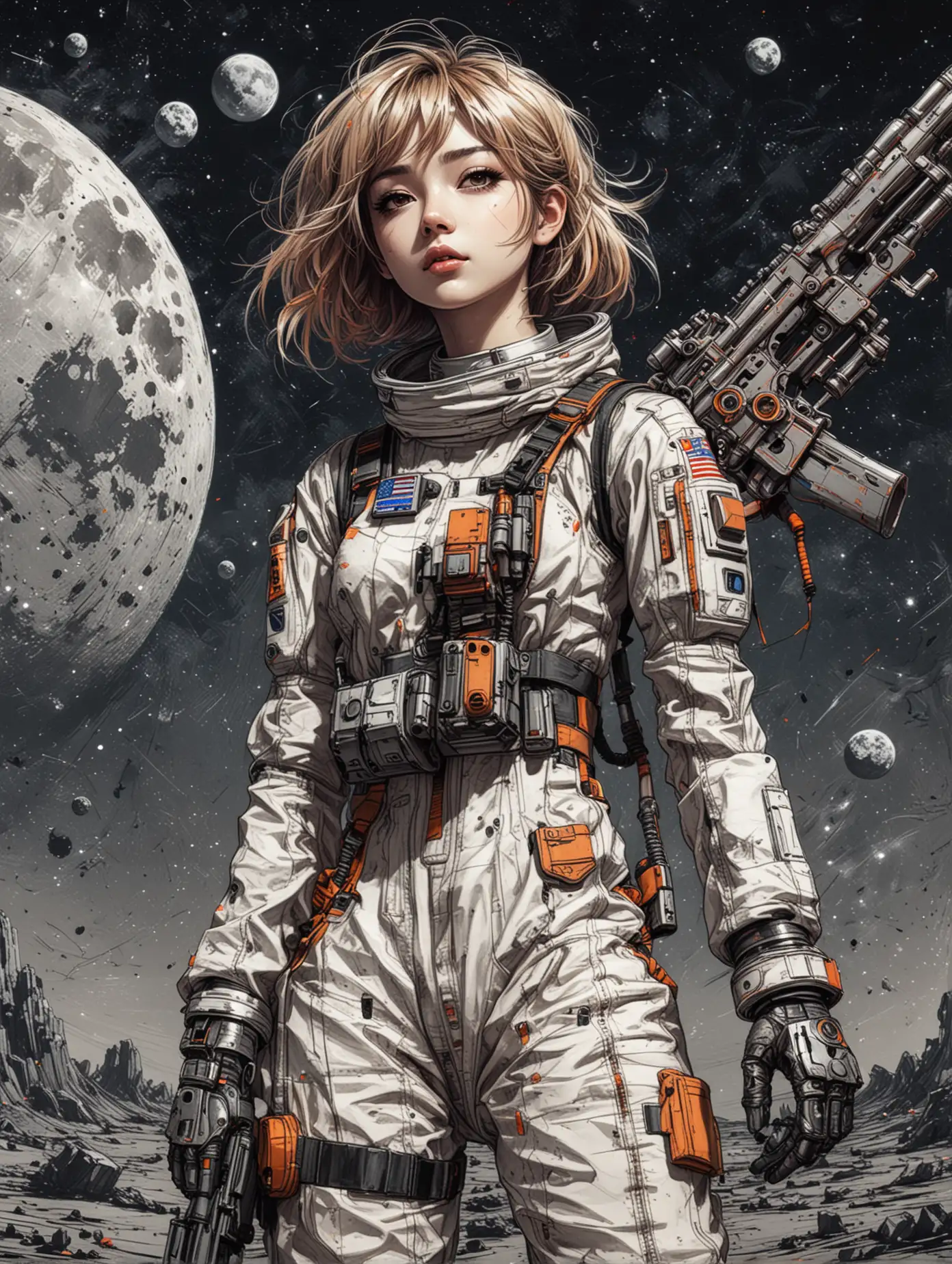 Medium close up captured, Whimsical style, Sketch of beauty anime girl is cosplaying wears robotic astronaut jumpsuit, holding a machine gun, standing in dynamic combat pose at moon surface, colorful pen sketchy draw, hand drawn, dark, gritty, realistic sketch, rough sketch, mix of bold dark lines and loose lines, outerspace  background, on canvas, extremely detailed, masterpiece art