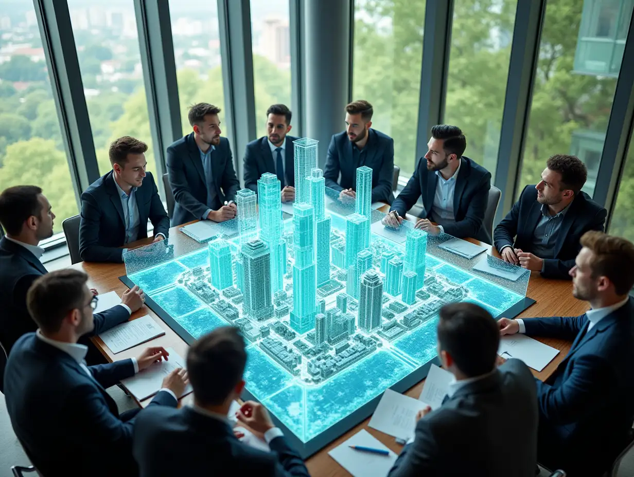 A group of architects gathered around a massive floating 3D holographic blueprint, showing an ultra-modern, eco-friendly city design. The workspace is futuristic yet warm, with large windows revealing a lush green cityscape beyond. The architects, diverse in background, wear sleek professional attire as they collaborate with passion and purpose.